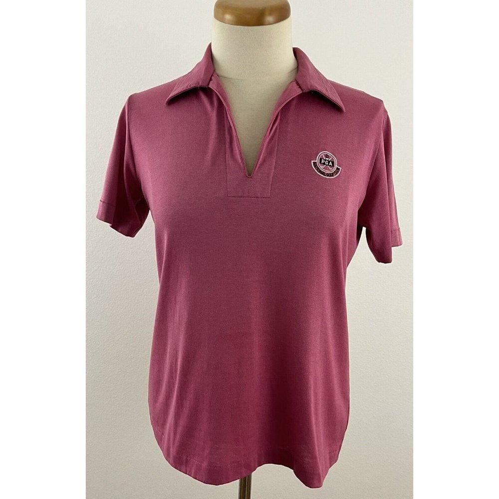 Vintage 70s Lady Pickering L Pink Polo V-Neck Shirt Top PGA National Golf Club